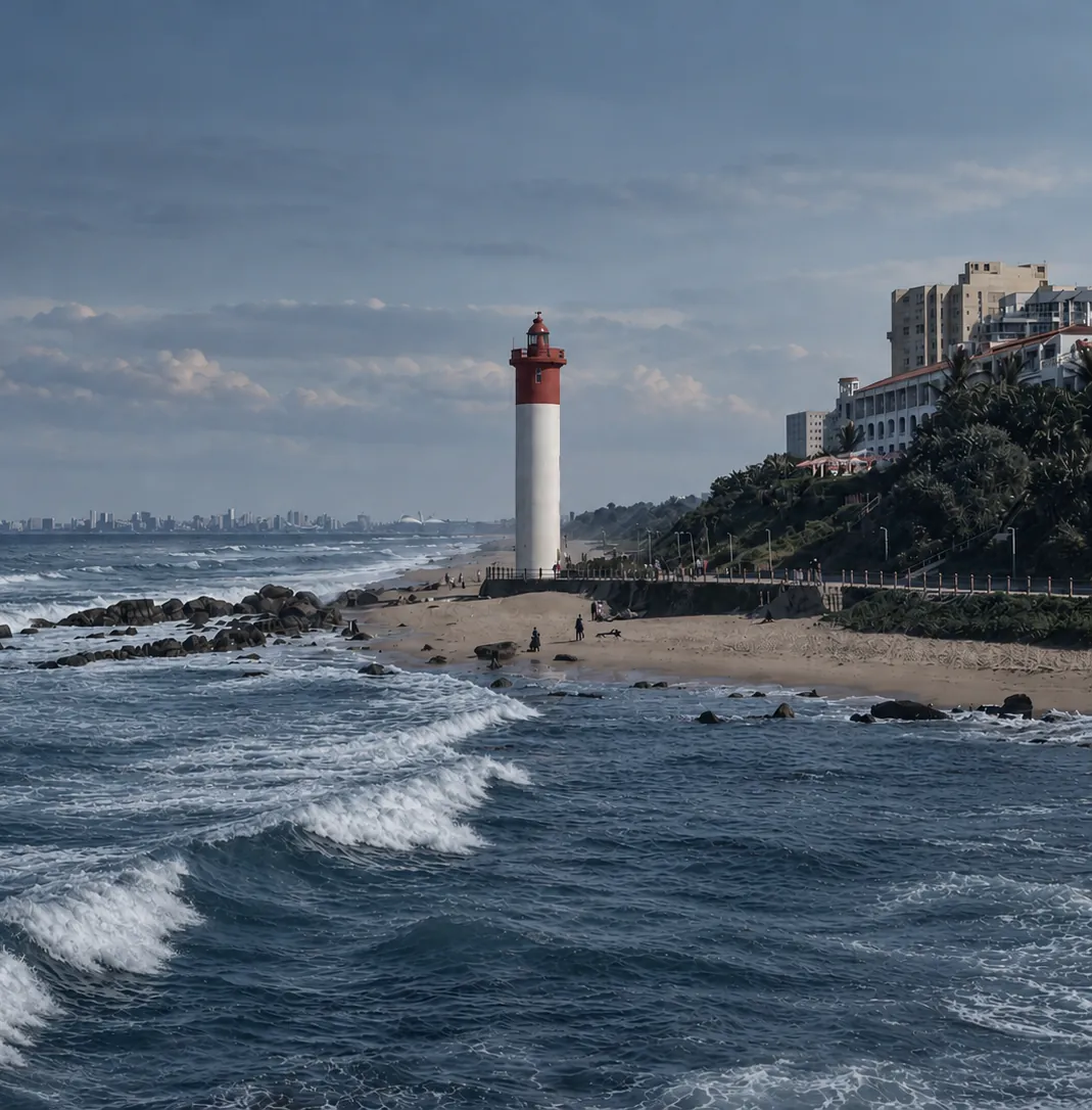 Umhlanga lighthouse on the Durban coastline, with the city skyline in the distance.